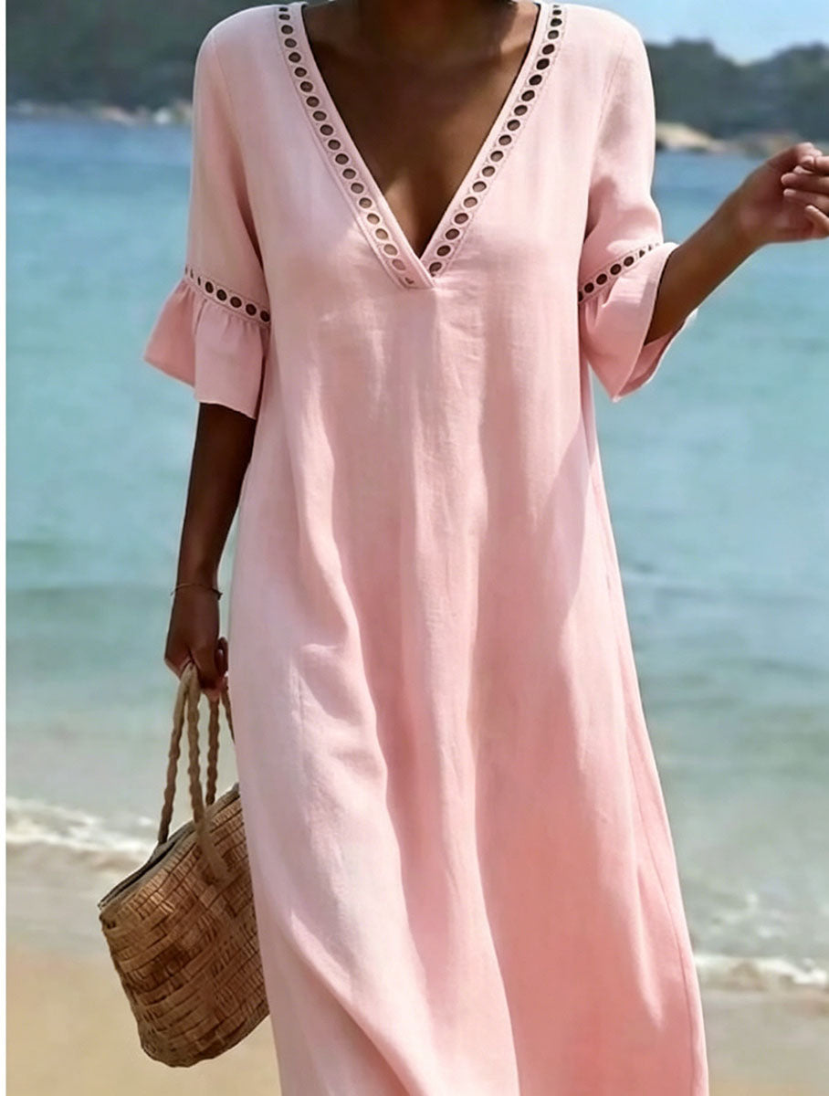 💥【50% off en nuevos productos!!】🌸Vestido mujer 2026 primavera verano, algodón y lino, cuello V con encaje✅Pago al recibir