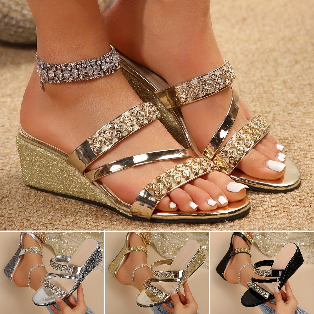 🔥✨【Ograniczona ilość】【36-42】✨🌈Nowe modne, wykwintne, błyszczące, damskie kapcie z kryształkami, eleganckie i urocze