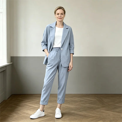 Elegancki letni komplet z lnu i bawełny – przewiewny materiał zapewniający maksymalny komfort!