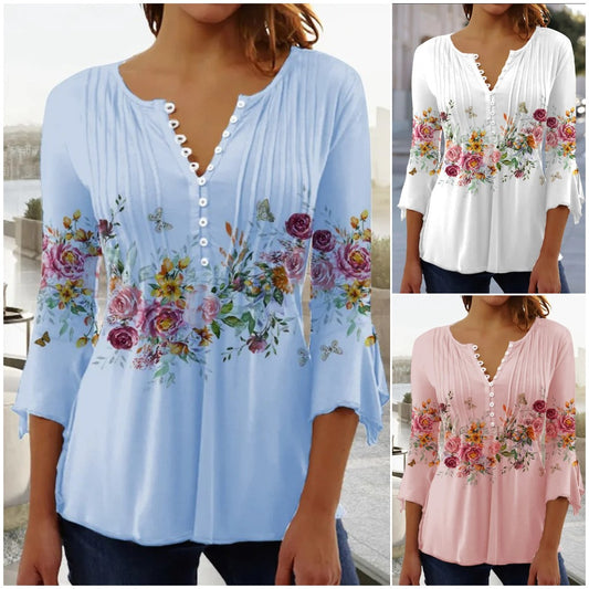 🌸✨【Solo hoy -50%！！】【S-5XL】🌺Top con cuello en V y mangas florales, estilo delicado y romántico