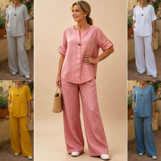 🔥【Oferta por tiempo limitado】👚【Tallas S-3XL: Top + Pantalones de pierna ancha】Elegante conjunto de lino y algodón, ideal para cualquier ocasión — ✅Pago contra reembolso