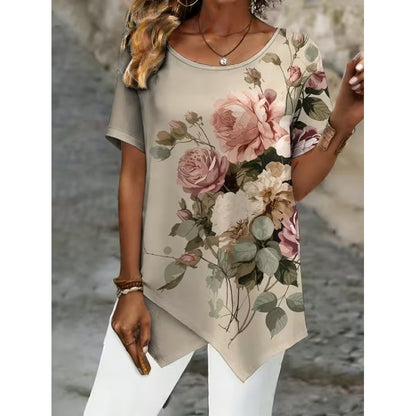 💎【S-5XL】Blusa de manga corta con estampado retro y bajo asimétrico.✅️Pago contra entrega
