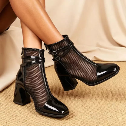👢✨Елегантни къси боти до глезена във френски стил с фина мрежа и лачена кожа