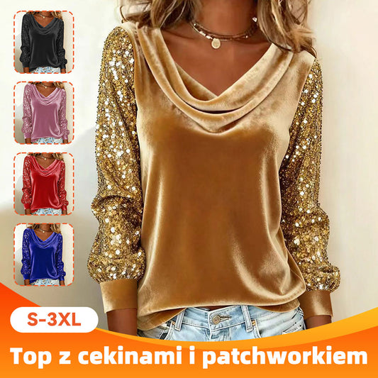 💛【S-3XL】✨Modna damska koszula z aksamitnym kołnierzykiem i długim rękawem🧡Aksamitny patchwork z cekinami
