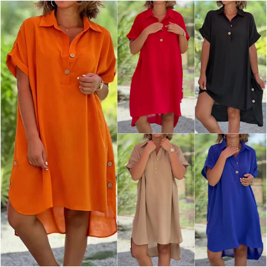 💃🧡【Popust 50% 🔥】【S–5XL】Nova jednobojna ležerna duga haljina za žene s ovratnikom, gumbima i asimetričnim krojem