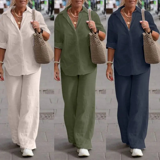 🔥🎉【Top + Pantalones】【S-5XL】Nuevo conjunto de moda, camisa de color liso para mujer + pantalones casuales
