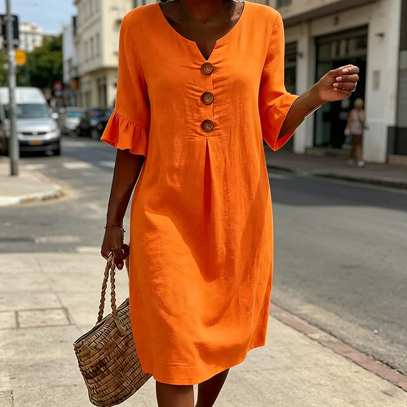 【S-3XL】Vestido de mujer de algodón y lino con mangas abullonadas y botones-E