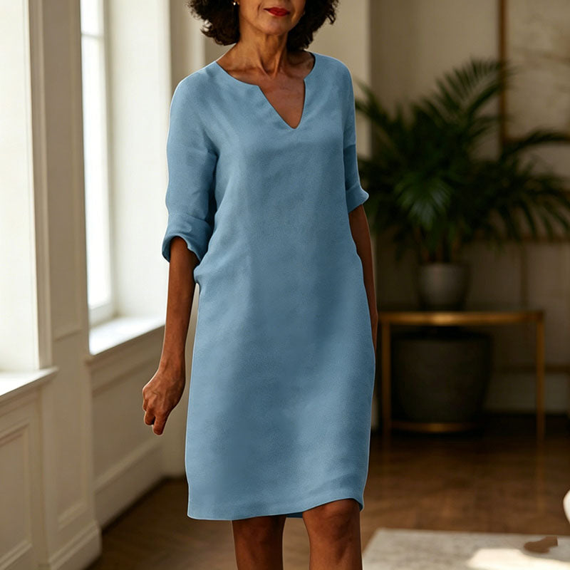 👗【S-3XL】Vestido vintage de lino y algodón con cuello en V, cintura alta, empalmes y mangas 3/4 lisas; tejido transpirable, lavable y resistente a las arrugas.