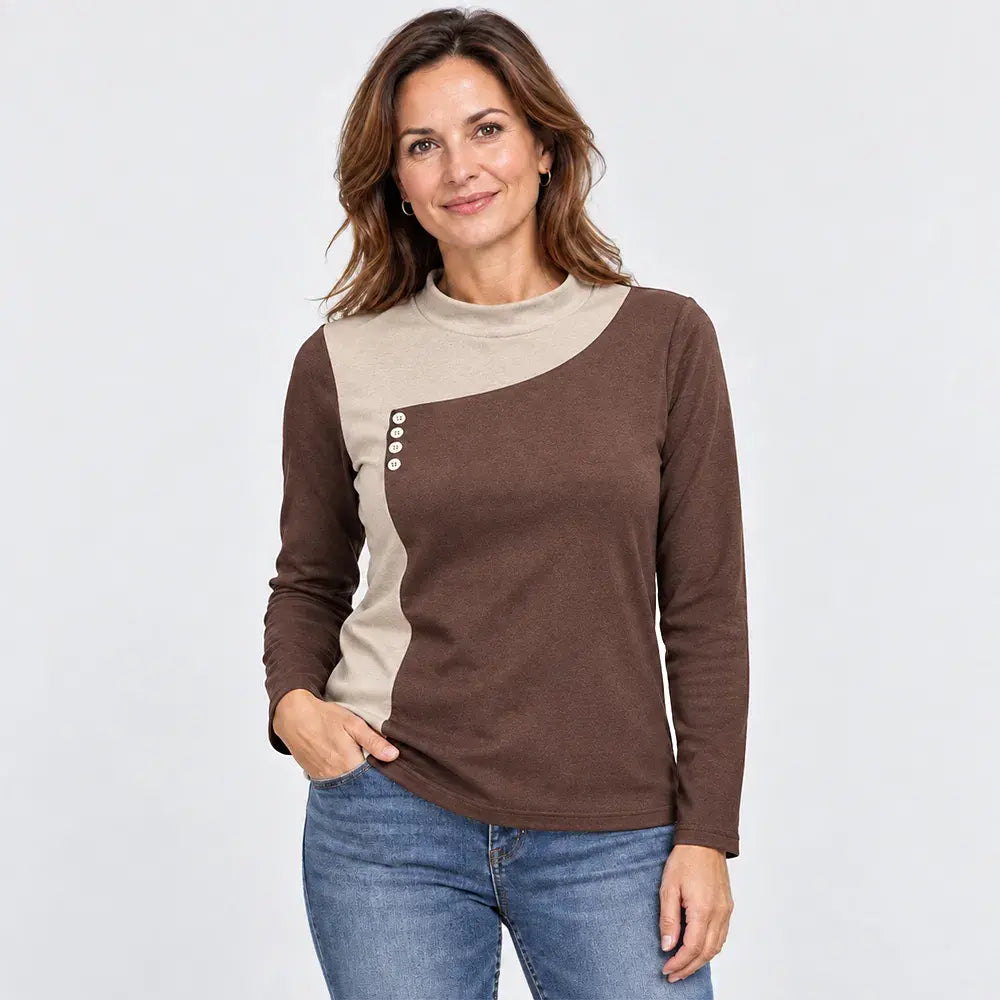 ✨【M – 3XL / 4 farieb】Blúzka v štýle color-block so stojačikom a ozdobnými gombíkmi (ľahký hrejivý flís)