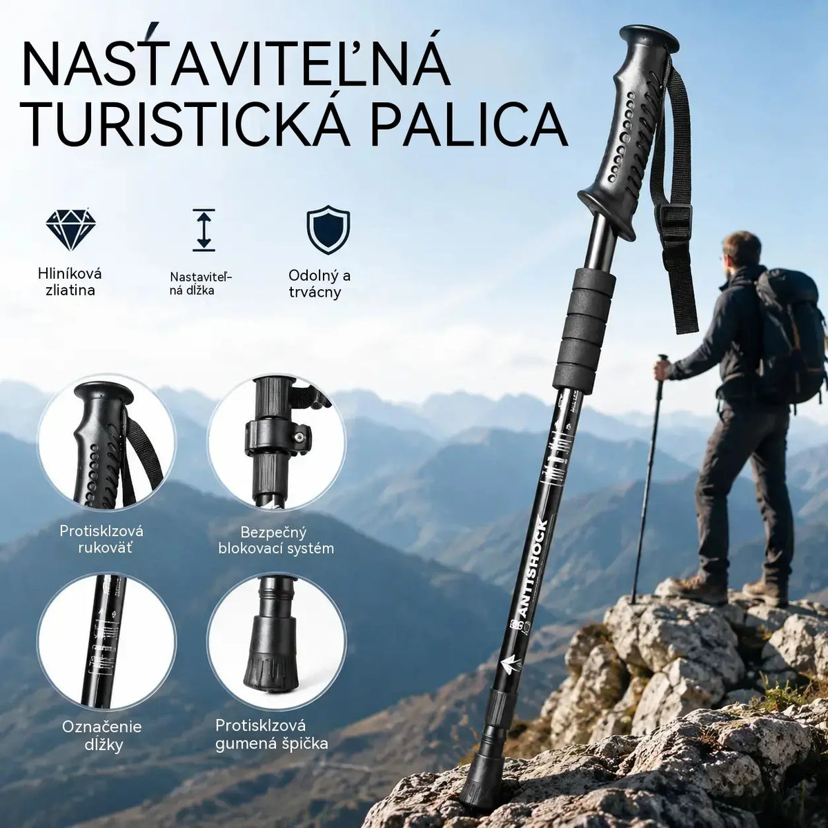 📢 50% zľava ⛰️✨ Multifunkčné nastaviteľné trekingové/turistické palice z hliníkovej zliatiny: pevné a odolné, tlmiace nárazy a ľahké