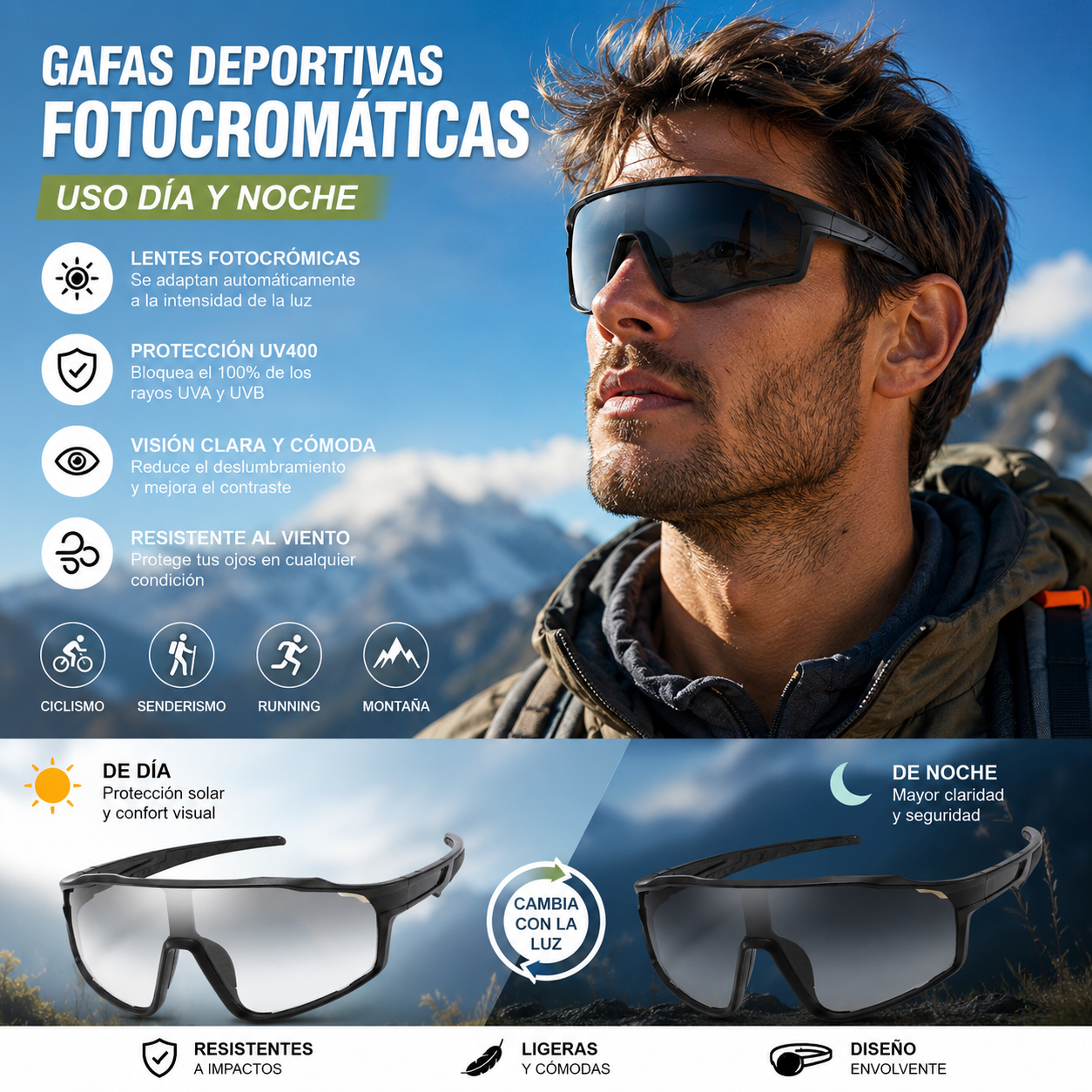 🏃‍♂️ ¡Oferta especial! 🚴‍♀️ Gafas deportivas fotosensibles para hombres y mujeres.✅️Pago contra entrega