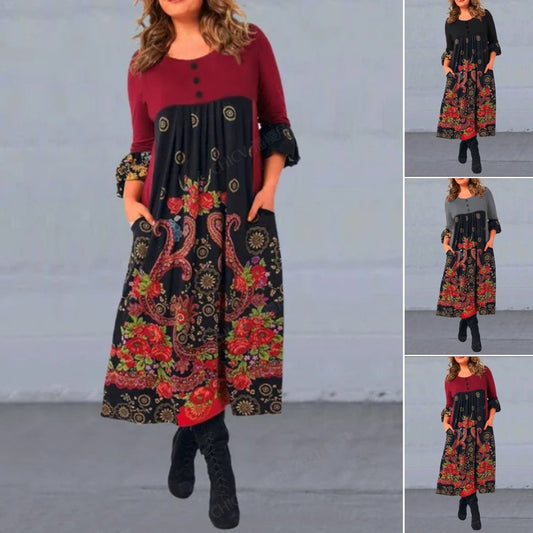 【S-5XL】👗Új őszi és téli retró mintás hosszú ujjú lezser ruha