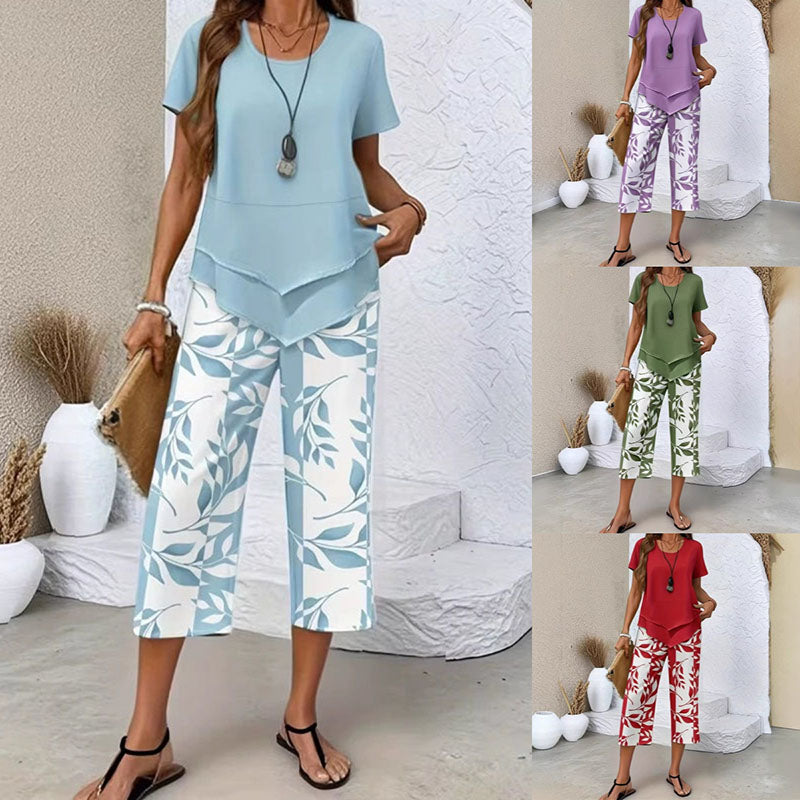 👗 ¡50% DE DESCUENTO AHORA! 🌿 Conjunto casual de túnica de cuello redondo y pantalones anchos con capas – Bajo asimétrico, pantalones estampados y transpirables ✨