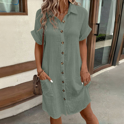 🔥✨【S-2XL】Рокля тип риза с къс ръкав от памук и лен, лека и дишаща, стилна и ежедневна