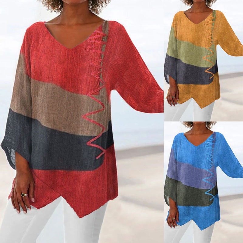 🍁 【S–4XL】Blusa de lino holgada con cuello en V y mangas largas para mujer – Nueva colección 2026 ✨-E