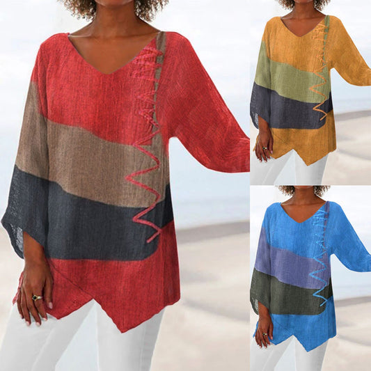 🍁 【S–4XL】Blusa de lino holgada con cuello en V y mangas largas para mujer – Nueva colección 2026 ✨-E