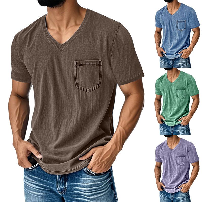 👔 50% de descuento🔥【40-120 kg】Camiseta vaquera informal y holgada con cuello en V y mangas cortas para hombre ✅️Pago contra entrega