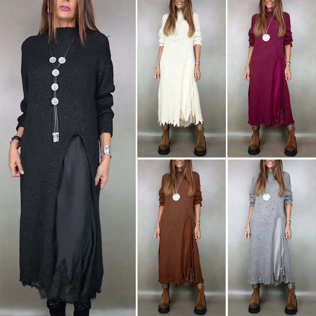 🔥⛄【XS-3XL】🌷🎉Nowa zimowa sukienka z dzianiny z długim rozcięciem po boku, stylowy i elegancki dwuczęściowy komplet