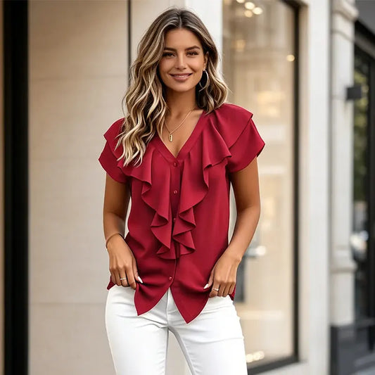 ✨✨Elegante blusa de verano para mujer con escote en V – Camisa informal con volantes y botones, material suave, transpirable y fresco.✅️Pago contra entrega