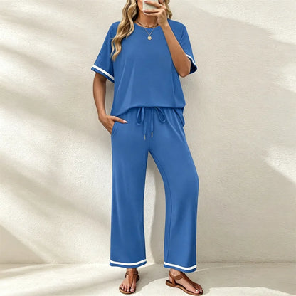 ✨Pago contra entrega✅️ Conjunto casual de dos piezas para mujer, camiseta de cuello redondo y pantalón de pierna ancha – Material suave, transpirable y elástico.
