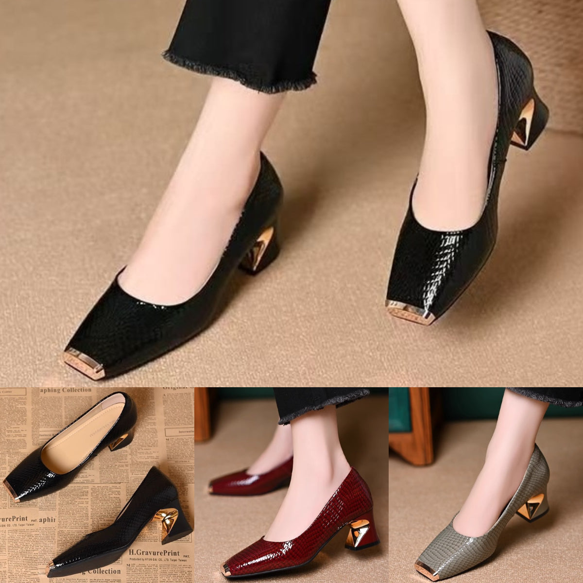 🔥【50% zniżki】🔥【35-42】🥿Nowe francuskie buty z grubymi obcasami i fakturą, płytkie otwarcie. Kwadratowy nosek, gruby obcas, modny styl