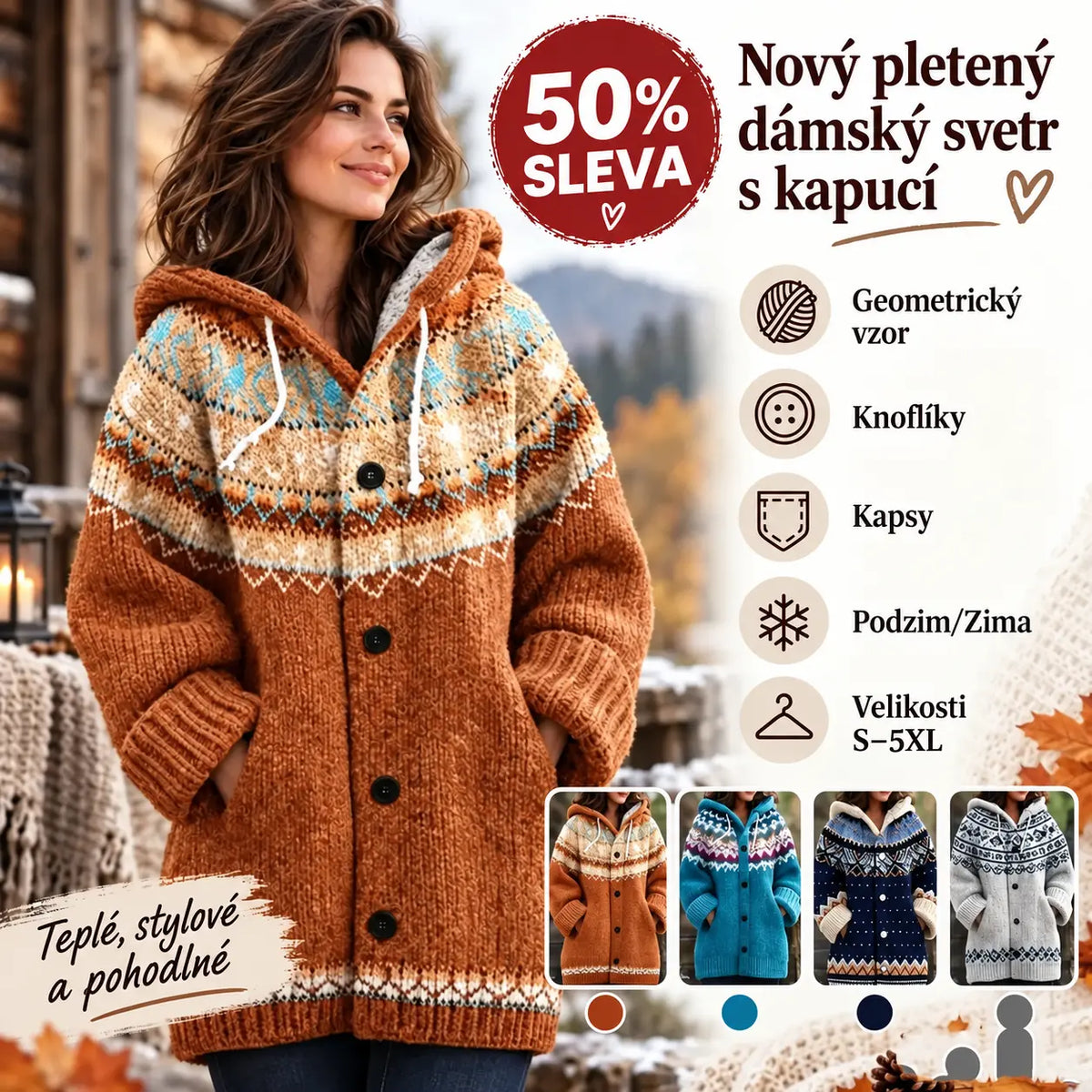 ⭐ Zľava 50% 🔥 ✨ Nový dámsky pletený kardigan s geometrickým vzorom a kapucňou
