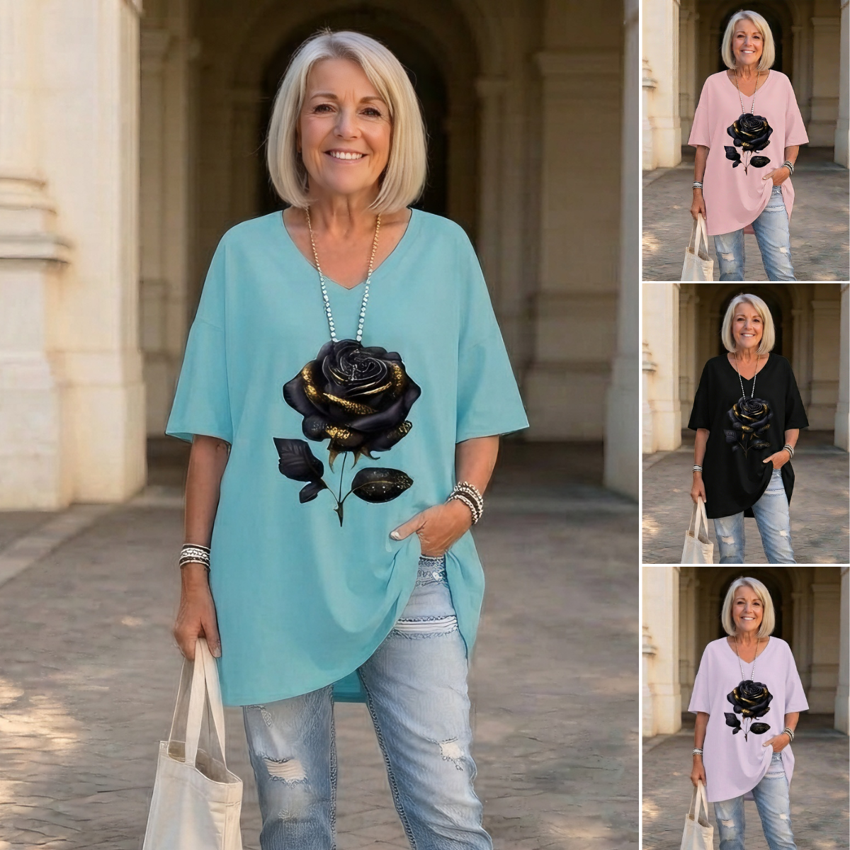🌹Camiseta de mujer con cuello en V y estampado de rosas para tallas grandes.✅️Pago contra entrega