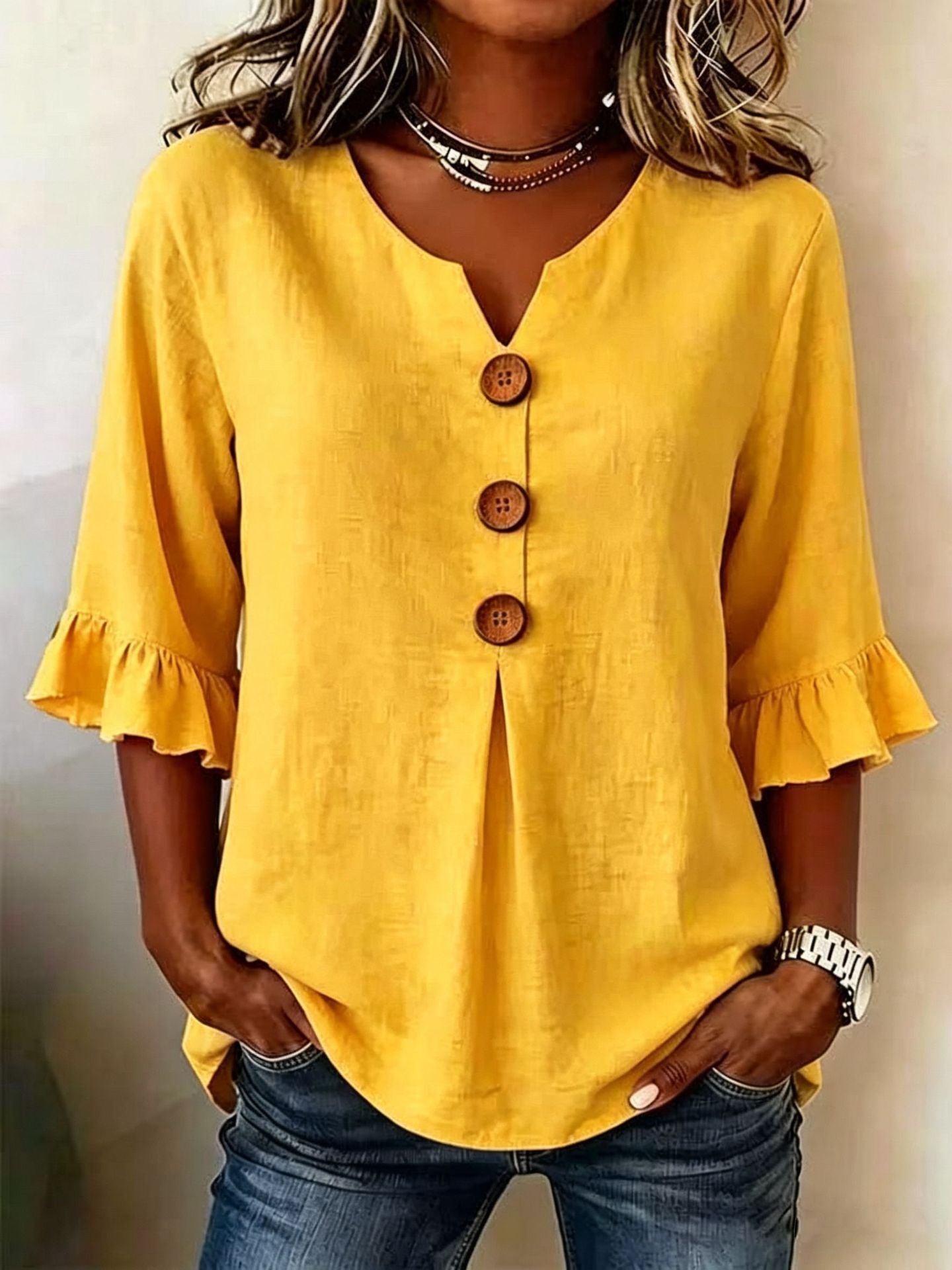 🔥【S-3XL】 Nueva camisa de mujer con cuello en V y volantes, mezcla de algodón y lino, cierre de botones: simple y elegante.