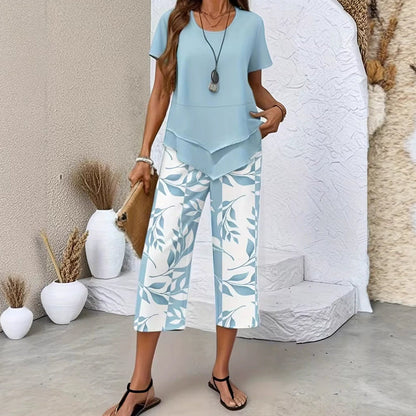 👗 ¡50% DE DESCUENTO AHORA! 🌿 Conjunto casual de túnica de cuello redondo y pantalones anchos con capas – Bajo asimétrico, pantalones estampados y transpirables ✨