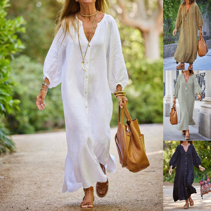 💃 50% de descuento🔥 Vestido camisero largo para mujer con escote en V, confeccionado en algodón y lino, disponible en tallas grandes ✅️Pago contra entrega