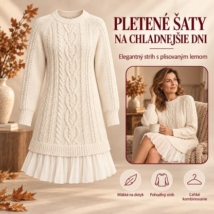 Elegantné pletené šaty s plisovaným lemom — pohodlný štýl na chladnejšie dni, dostupné vo veľkostiach S–3XL.