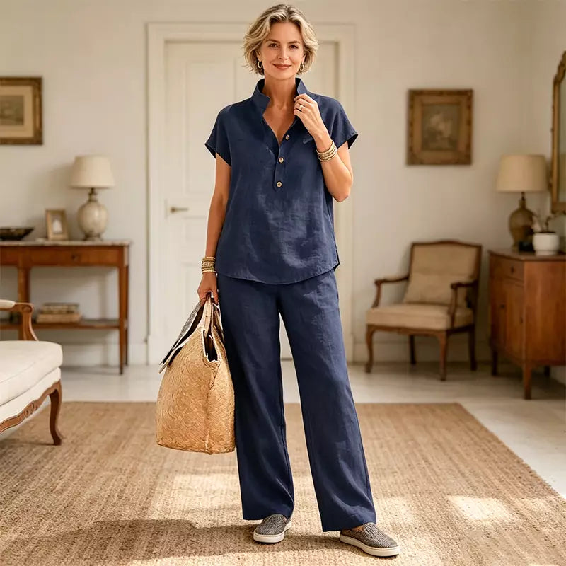✨💕【Nueva llegada de verano🔥】 Traje de lino y algodón para mujer: top de manga corta y pantalón de pierna ancha, casual y elegante.