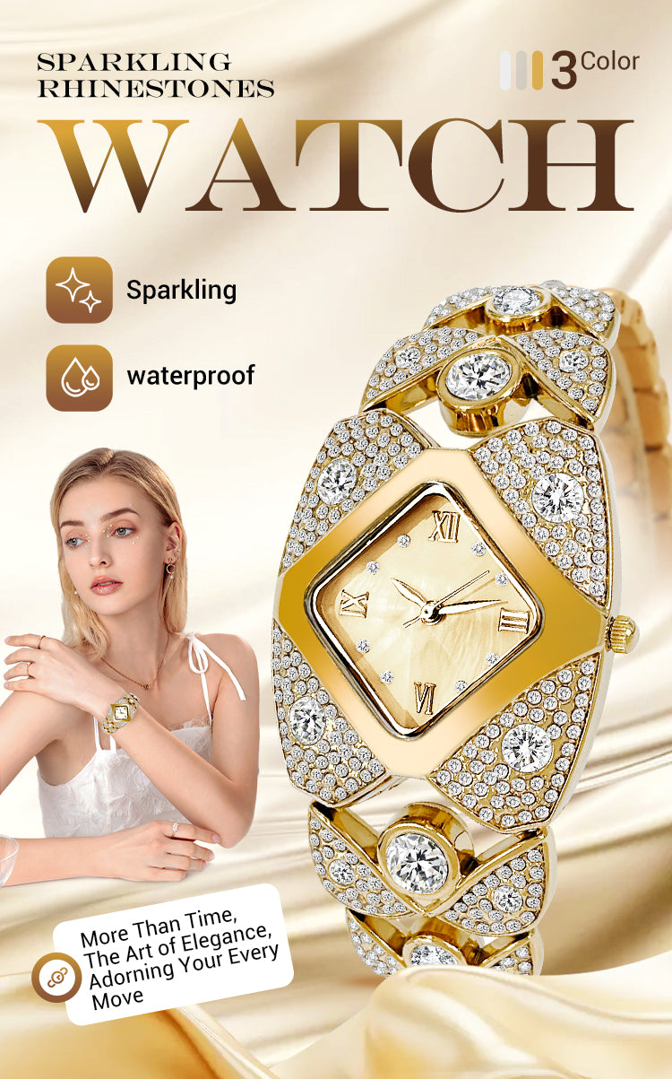 ⏳Oferta ograniczona czasowo⌛ Zegarek kwarcowy w stylu vintage dla kobiet⌚, inkrustowany błyszczącymi kamieniami szlachetnymi✨