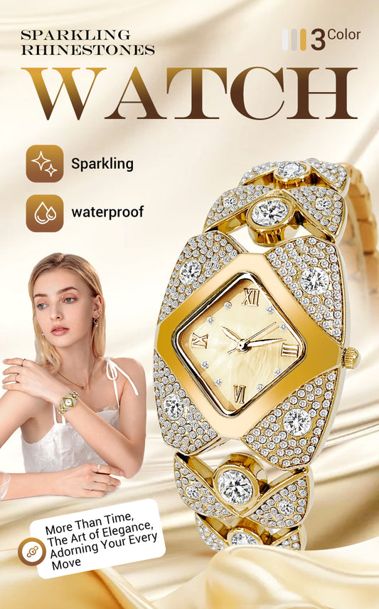 ⏳Oferta ograniczona czasowo⌛ Zegarek kwarcowy w stylu vintage dla kobiet⌚, inkrustowany błyszczącymi kamieniami szlachetnymi✨