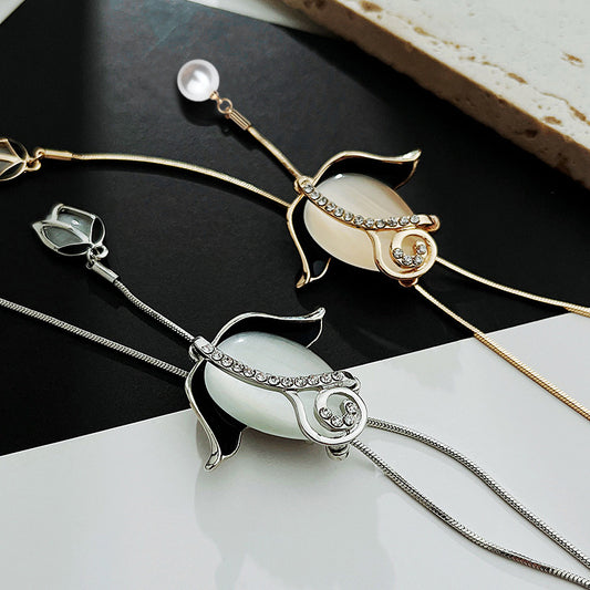 🔥【Kup jeden, a drugi dostaniesz gratis】✨Modny luksusowy naszyjnik z kocim okiem w kształcie tulipana, dodatki odzieżowe w postaci łańcuszka do swetra