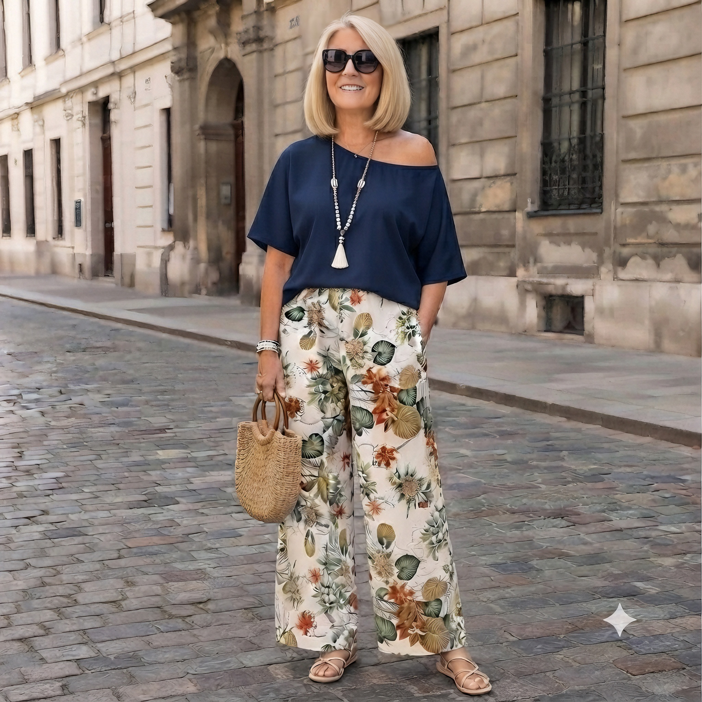 🎁【Moderno, Tallas grandes】Conjunto estampado de 2 piezas (blusa con hombros asimétricos + pantalón de pierna ancha)✅️Pago contra entrega