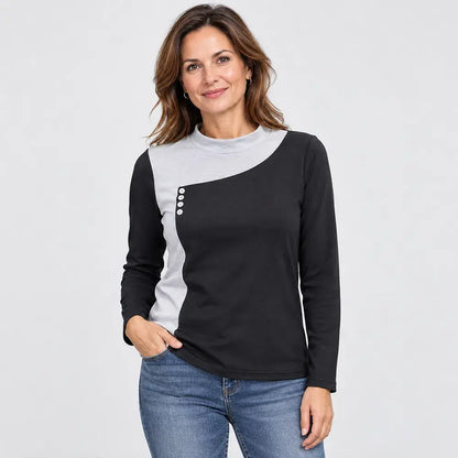 ✨【M – 3XL / 4 farieb】Blúzka v štýle color-block so stojačikom a ozdobnými gombíkmi (ľahký hrejivý flís)