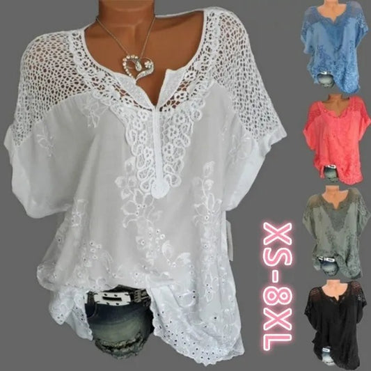💟👕【Najpopularniejsze koszule z krótkim rękawem w Polsce】2025 lato moda nowy styl damskie koronkowe haftowane bluzki z krótkim rękawem i dekoltem w serek, odpowiednie na co dzień i na imprezy【S-6XL】