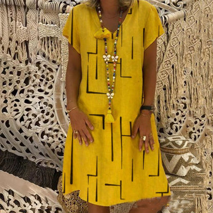 👗【Sezonsko znižanje】【S–5XL】Ženska bombažna obleka z V-izrezom – udobna in elegantna – Znižana cena