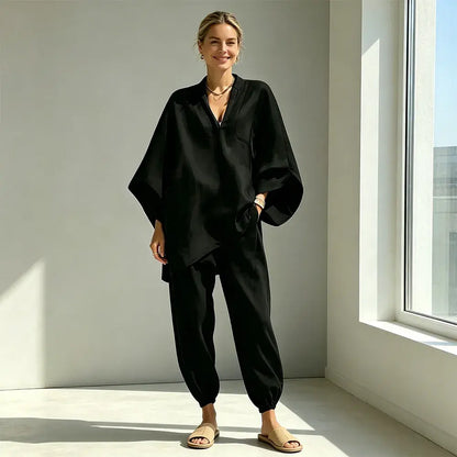 【S-3XL】👗Súprava s voľným výstrihom a širokým lemom, netopierími rukávmi, ležérny dizajn, voľný strih, ideálny pre každodenné nosenie - pohodlná a všestranná ✨🌸