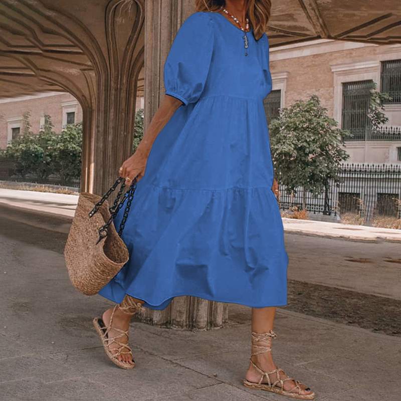 Nowość【S-5XL】Damska sukienka letnia w stylu boho z naturalnej bawełny i lnu, sukienka retro z okrągłym dekoltem