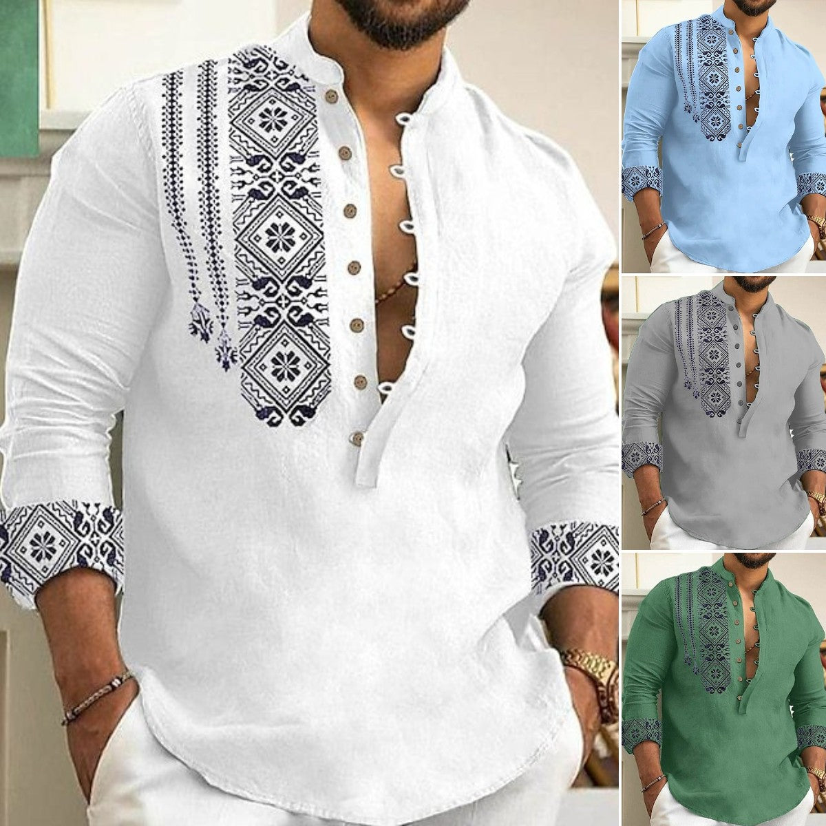 🥰Nowe letnie modne koszule męskie europejskie i amerykańskie, stójka, modne półotwarte kardigany, wzory, swobodne i uniwersalne