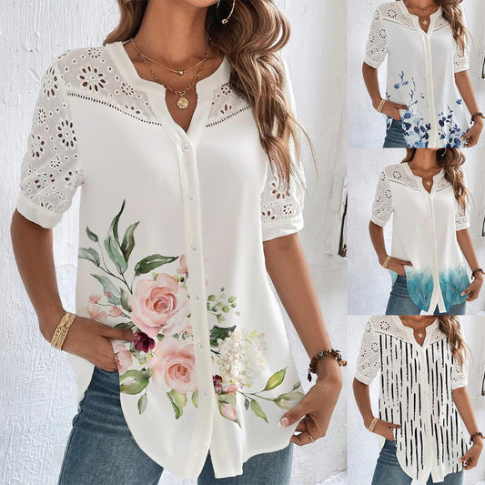 🔥✨【Ograniczona ilość】【S-5XL】2025 Wiosna Nowy kwiatowy nadruk Damska koszula z krótkim rękawem, piękna i wygodna