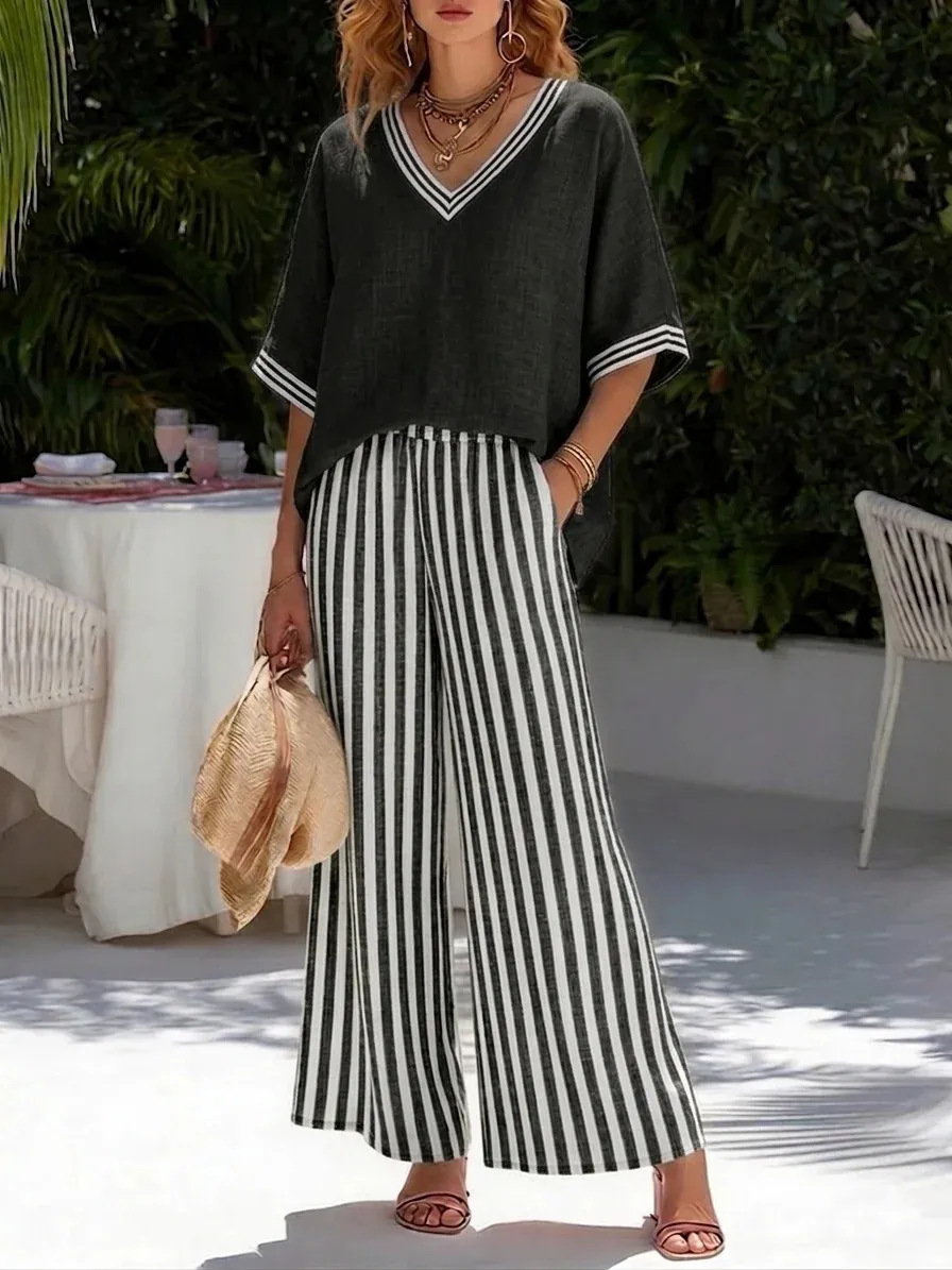 💐【S-4XL】Conjunto clásico a rayas de algodón y lino (top + pantalones)