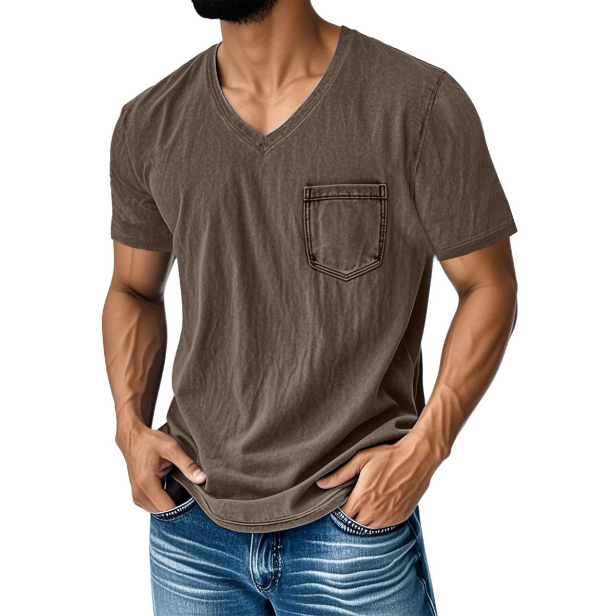👔 50% de descuento🔥【40-120 kg】Camiseta vaquera informal y holgada con cuello en V y mangas cortas para hombre ✅️Pago contra entrega