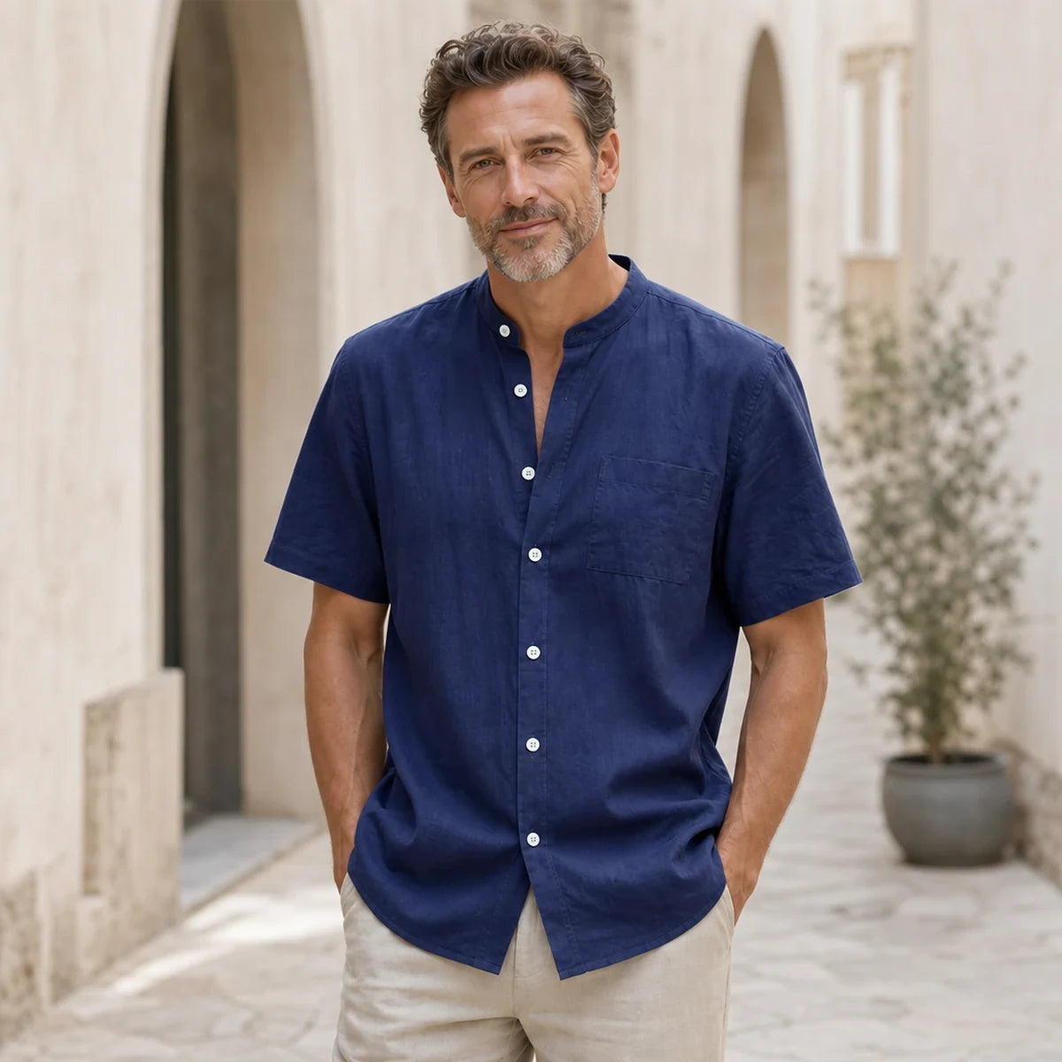 🔥👔【S–3XL】Camisa de manga corta de algodón y lino transpirable con cuello Henley para hombre: cómoda, ligera y de corte holgado.