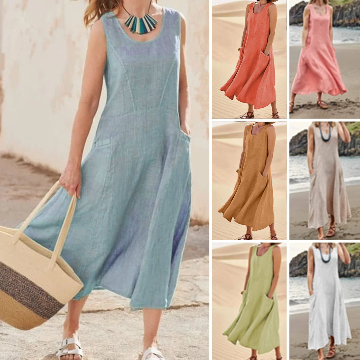 🌈👗【S-5XL】2026 Letnia, nowa, elegancka, jednokolorowa sukienka bez rękawów z okrągłym dekoltem, wykonana z bawełny i lnu.
