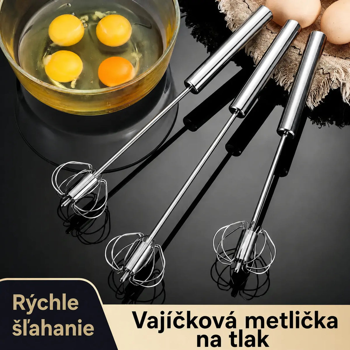 🥚 Kúp 1, druhú získaš ZADARMO! Poloautomatická metlička z nehrdzavejúcej ocele s mechanizmom fungujúcim na princípe stlačenia a rotácie