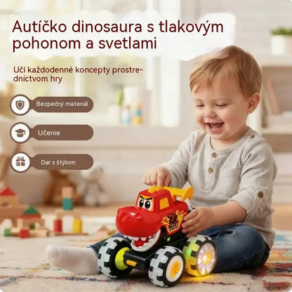 🦖🚗 Auto s dinosaurom na štartovanie stlačením: jemným stlačením sa rozbehne, sprevádzané blikajúcimi svetlami a zábavným revom ✨🎮
