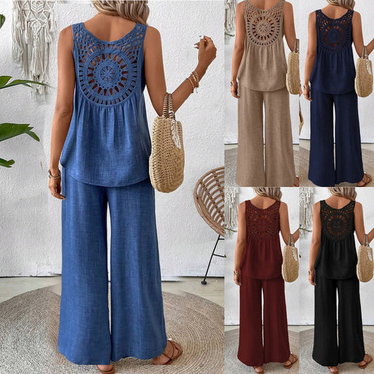 ❤️50% de descuento💥【40-100 kg】Nuevo conjunto de pantalón largo floral con espalda descubierta de color liso para mujer 2026 ✅️Pago contra entrega